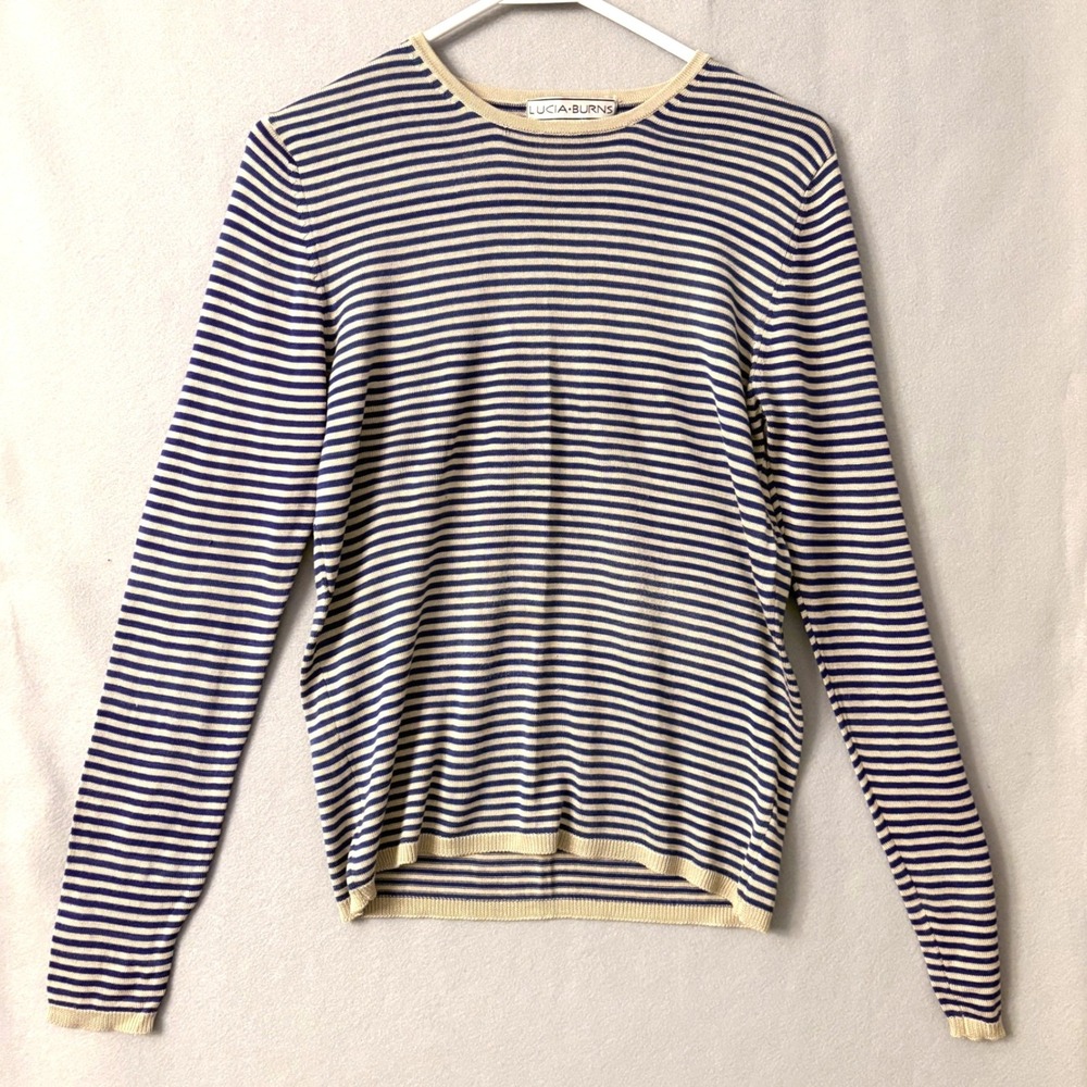 Vintage 100% Silk Blue Tan Striped Long Sleeve Crewneck Knit Sweater Top Lrg